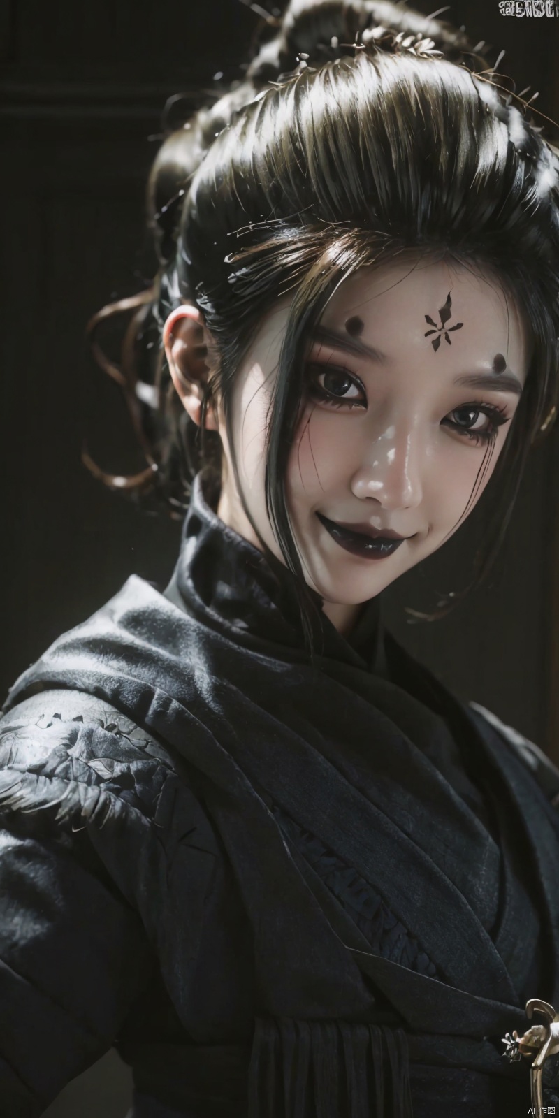  cowboy shot,(Good structure), DSLR Quality,Depth of field,kind smile,looking_at_viewer,Dynamic pose,,
simei, black hair, solo, black lips, 1girl, black eyes, makeup, portrait, facial mark