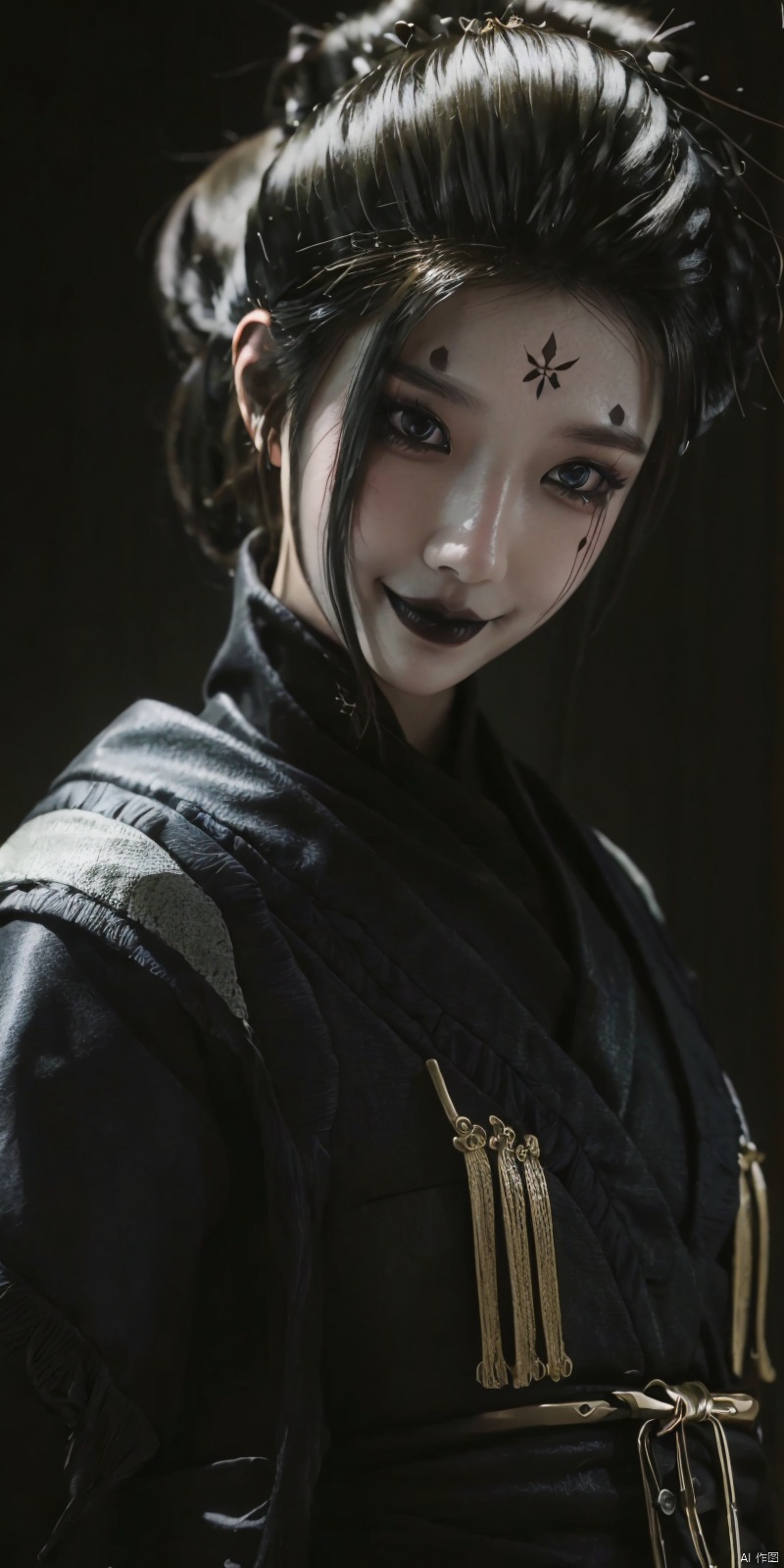  cowboy shot,(Good structure), DSLR Quality,Depth of field,kind smile,looking_at_viewer,Dynamic pose,,
simei, black hair, solo, black lips, 1girl, black eyes, makeup, portrait, facial mark