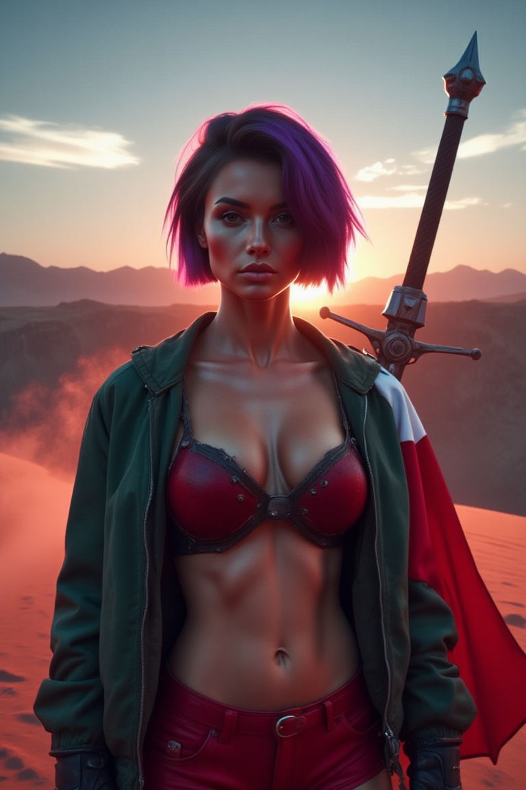 A young woman with short, vibrant purple hair stares into the camera, her gaze oozing sensuality and intimacy. She is wearing a partially open green jacket that subtly shows off her small breasts, accompanied by red shorts. She stands on a desert dune, surrounded by the soft hues of a dreamlike sunrise, with the warm light enhancing the surreal beauty of the scene..,polishswordsman