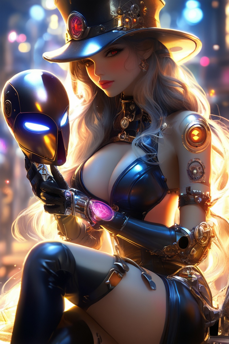 masterpiece, best quality,intricate details,official art, absurdres, 8k, ultra-detailed,  concept art, depth_of_field, 1girl, large breasts, The girl is touching the mask, holding mask, (((off_shoulders))), leather jacket, colorful tatoos, glowing, glowing aura, looking at viewer, , metalic fingers, steampunk architecture background,big cap,steampunk glass, Mechanical arm, mechanical leg, steampunk style dress, yellow long hair,full_body, red lips, sexy sitting position,