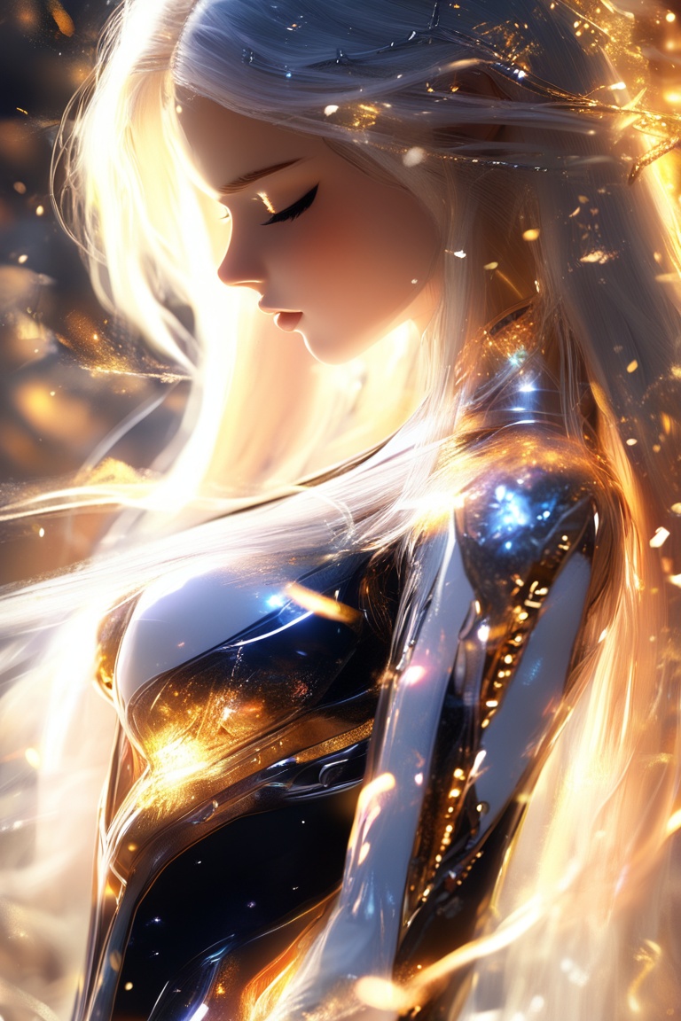 masterpiece, best quality,intricate details,official art, absurdres, 8k, ultra-detailed,  concept art, depth_of_field, anime style, drawing, aesthetic, solo, 1girl, long hair, breasts, hair ornament, closed mouth, closed eyes, white hair, cowboy shot, from side, bodysuit, profile, sparks, sparkles, sparkling,