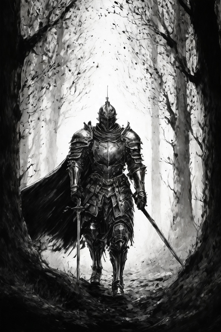 A highly detailed ink illustration of a knight in shining armor standing in a dark forest, rays of light cutting through the trees, intricate armor details, shadows creeping from behind, medieval fantasy style, sharp contrasts, hatching technique, hd quality,ink_style