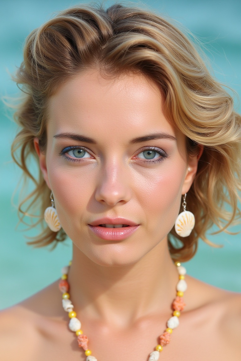 An extreme close-up shot of woN4t4ndr3 as a model with deep blue eyes and a short,  textured bob that flows like ocean wav...
