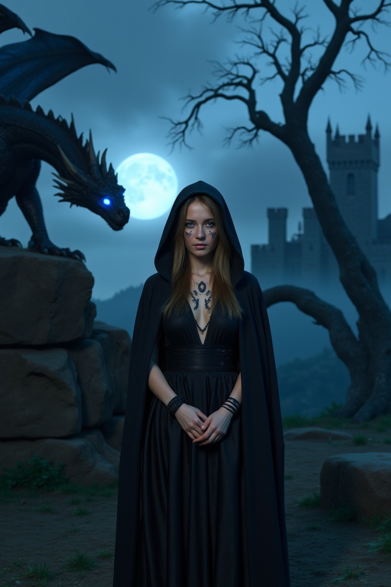 A photo of the mysterious woN4t4ndr3 figure draped in a hooded cloak with striking blue eyes and intricate tribal markings...