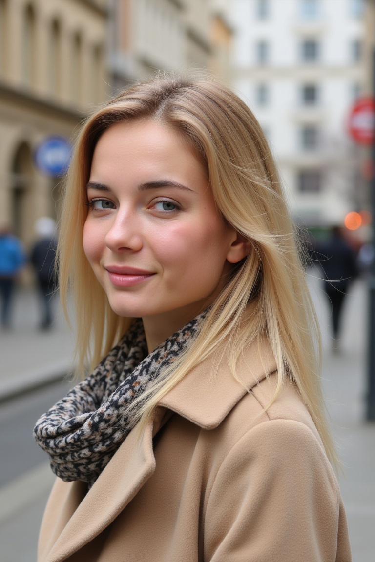 A candid photo of the young woN4t4ndr3 with blonde hair and freckles. She is wearing a beige coat and a scarf. The backgro...