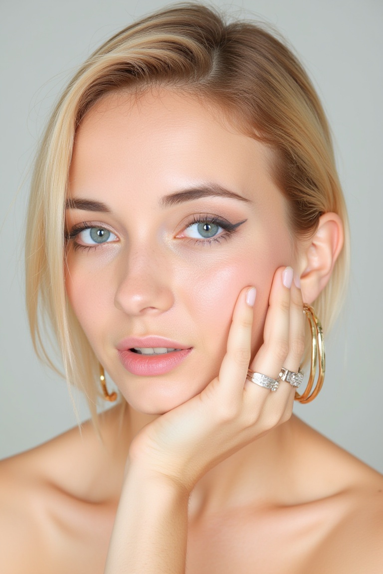 A professional high quality closeup photography of a gorgeous young woN4t4ndr3 around 24 years old. She has blonde hair st...