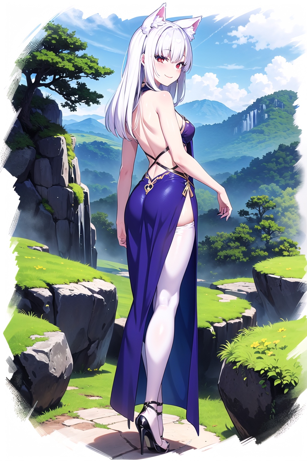 Here's a masterpiece-quality image prompt: A small,  wolf-girl (bare height: very small) stands solo in front of a breatht...