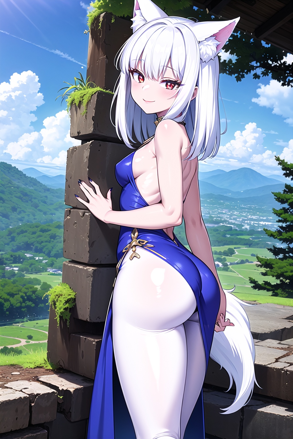 Here's a masterpiece-quality image prompt: A small,  wolf-girl (bare height: very small) stands solo in front of a breatht...