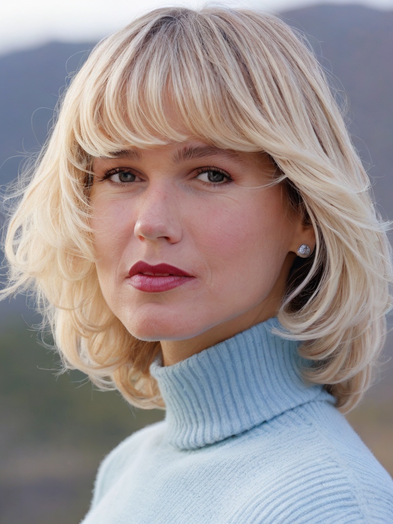 a closeup of argentine girl with bob cut hair with bangs ,  with icy Gray color ,  blue turtleneck on Tensor.Art