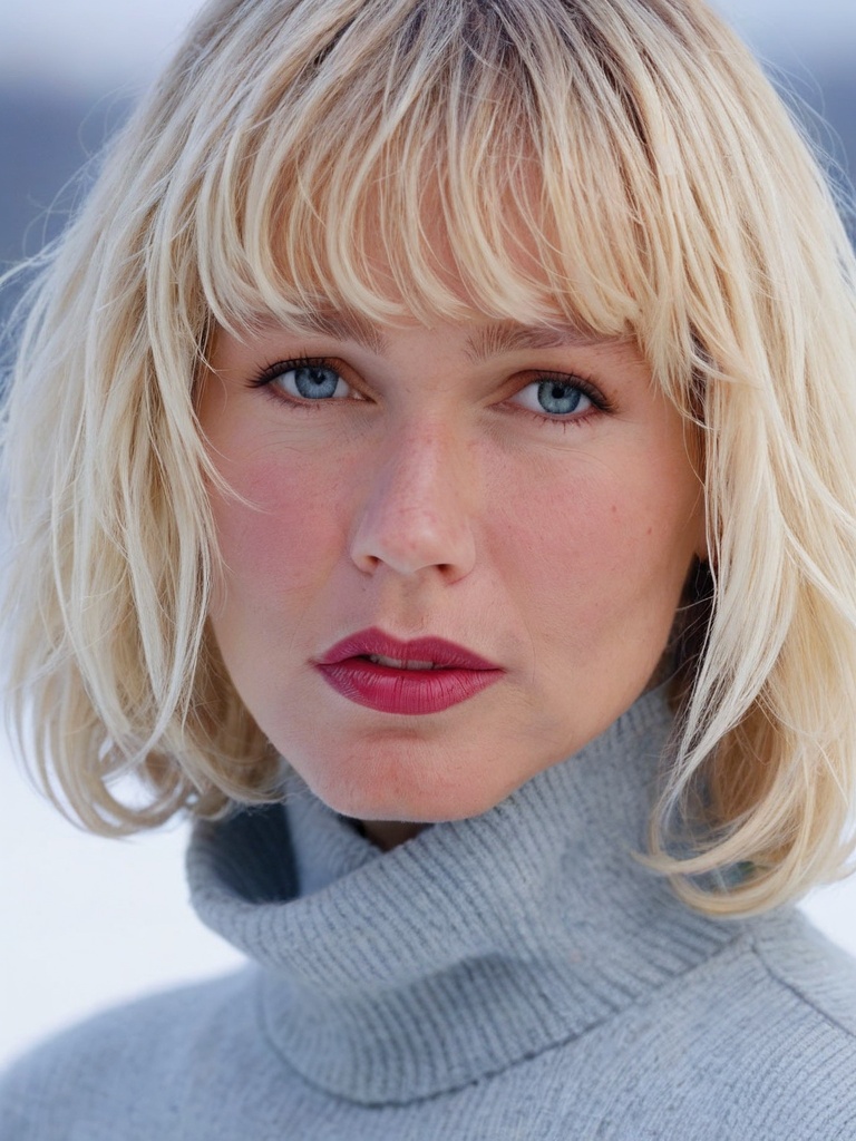 a closeup of argentine girl with bob cut hair with bangs ,  with icy Gray color ,  blue turtleneck on Tensor.Art