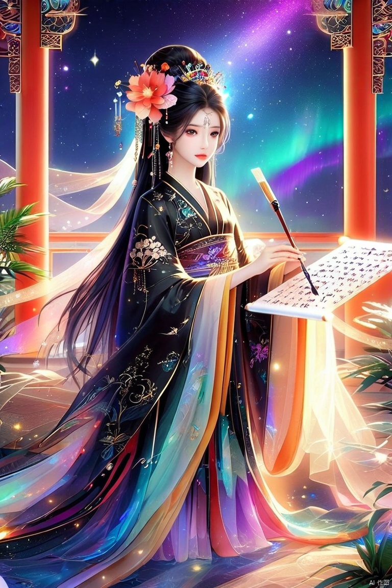 1girl, solo, long hair, looking at viewer, black hair, hair ornament, long sleeves, holding, jewelry, flower, earrings, sky, hair flower, wide sleeves, necklace, bracelet, sash, facial mark, chinese clothes, star \(sky\), beads, forehead mark, paintbrush, scroll, pillar, hanfu

