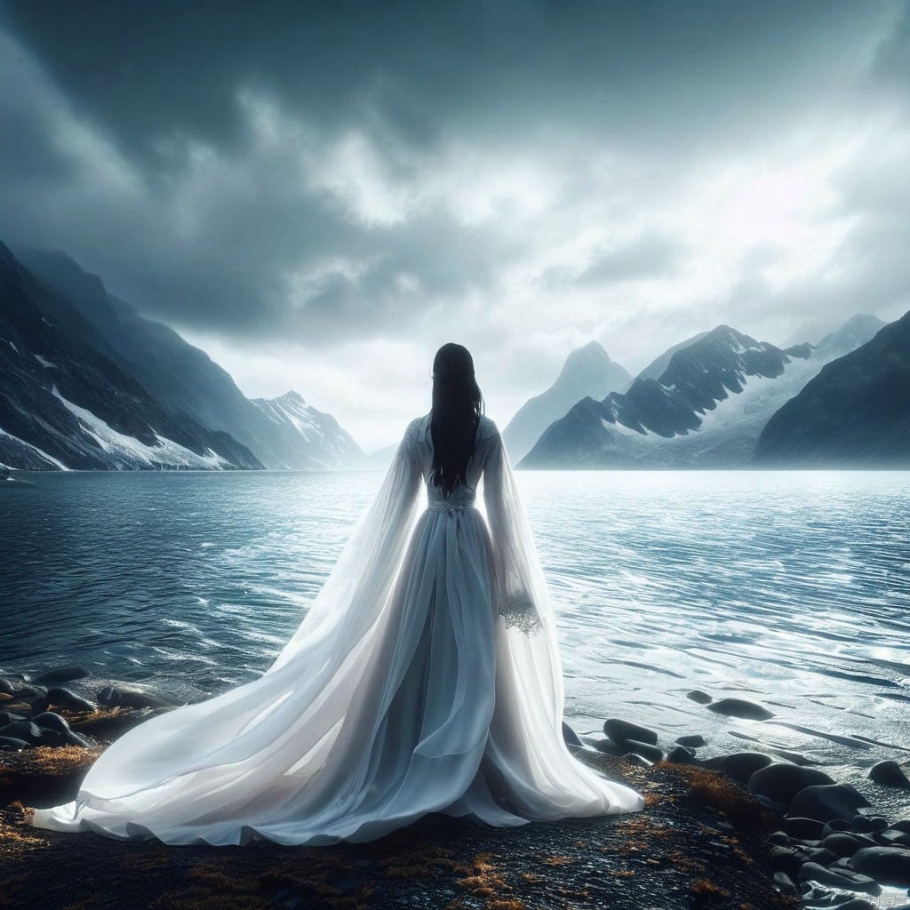 1girl, solo, long hair, black hair, dress, standing, outdoors, sky, cloud, water, from behind, white dress, cloudy sky, scenery, robe, mountain
