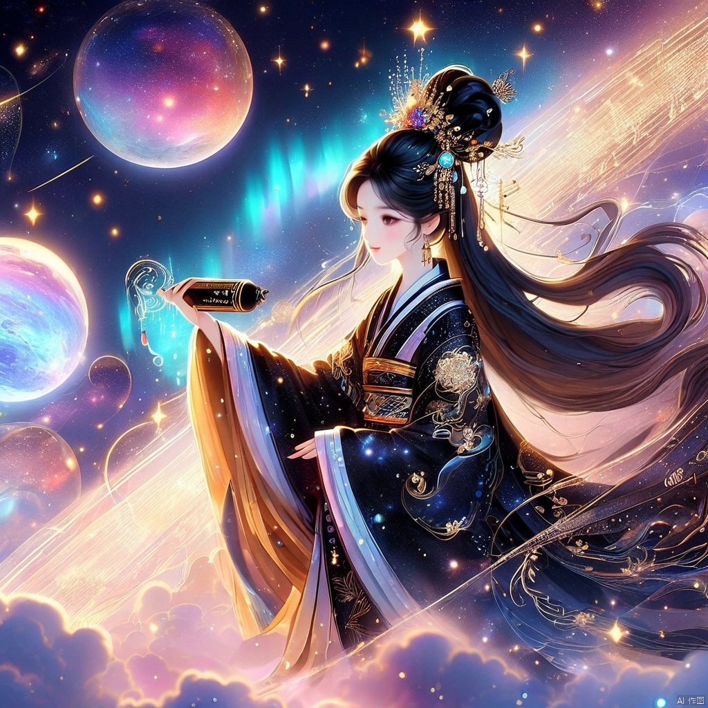 1girl, solo, long hair, black hair, hair ornament, holding, jewelry, very long hair, earrings, sky, cloud, wide sleeves, hair bun, chinese clothes, moon, star \(sky\), bubble, planet