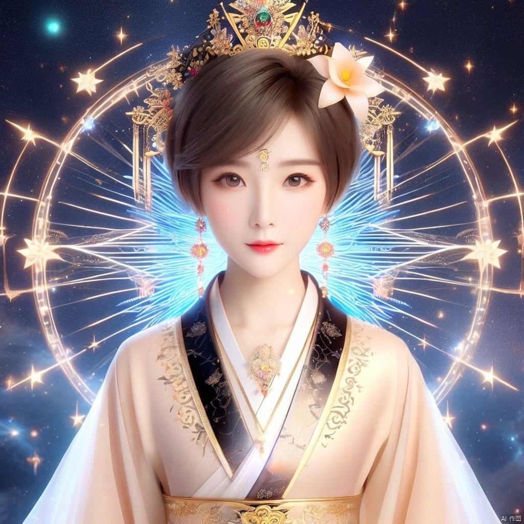 1girl, solo, looking at viewer, short hair, brown hair, black hair, hair ornament, long sleeves, jewelry, closed mouth, upper body, flower, earrings, hair flower, star \(symbol\), lips, facial mark, chinese clothes, crown, forehead mark, realistic