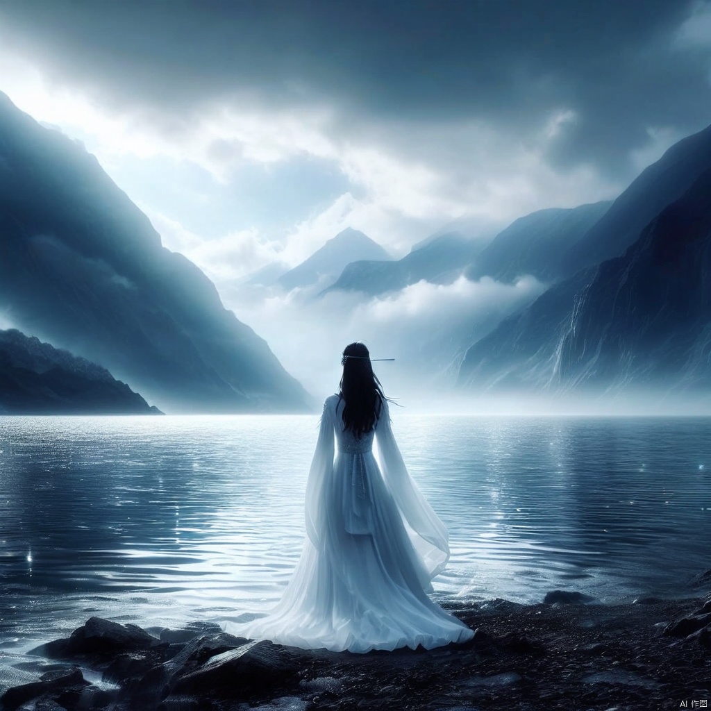 1girl, solo, long hair, black hair, dress, standing, outdoors, sky, cloud, water, from behind, white dress, cloudy sky, scenery, robe, mountain
