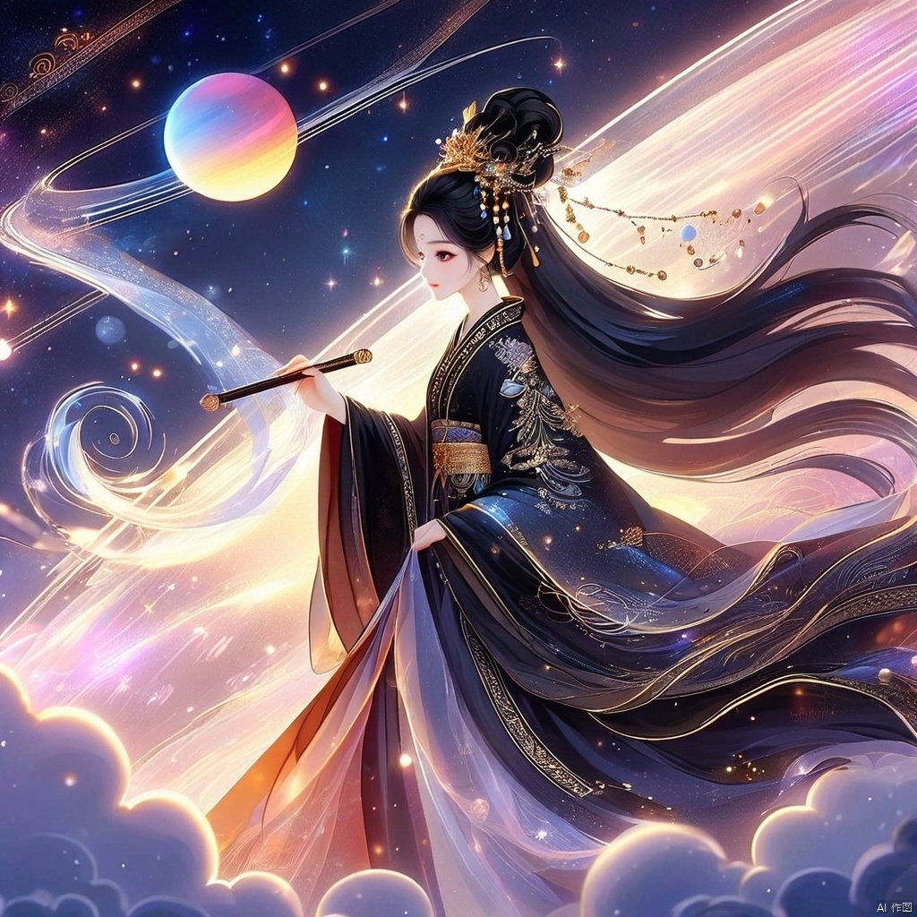 1girl, solo, long hair, black hair, hair ornament, holding, jewelry, very long hair, earrings, sky, cloud, wide sleeves, hair bun, chinese clothes, moon, star \(sky\), bubble, planet
