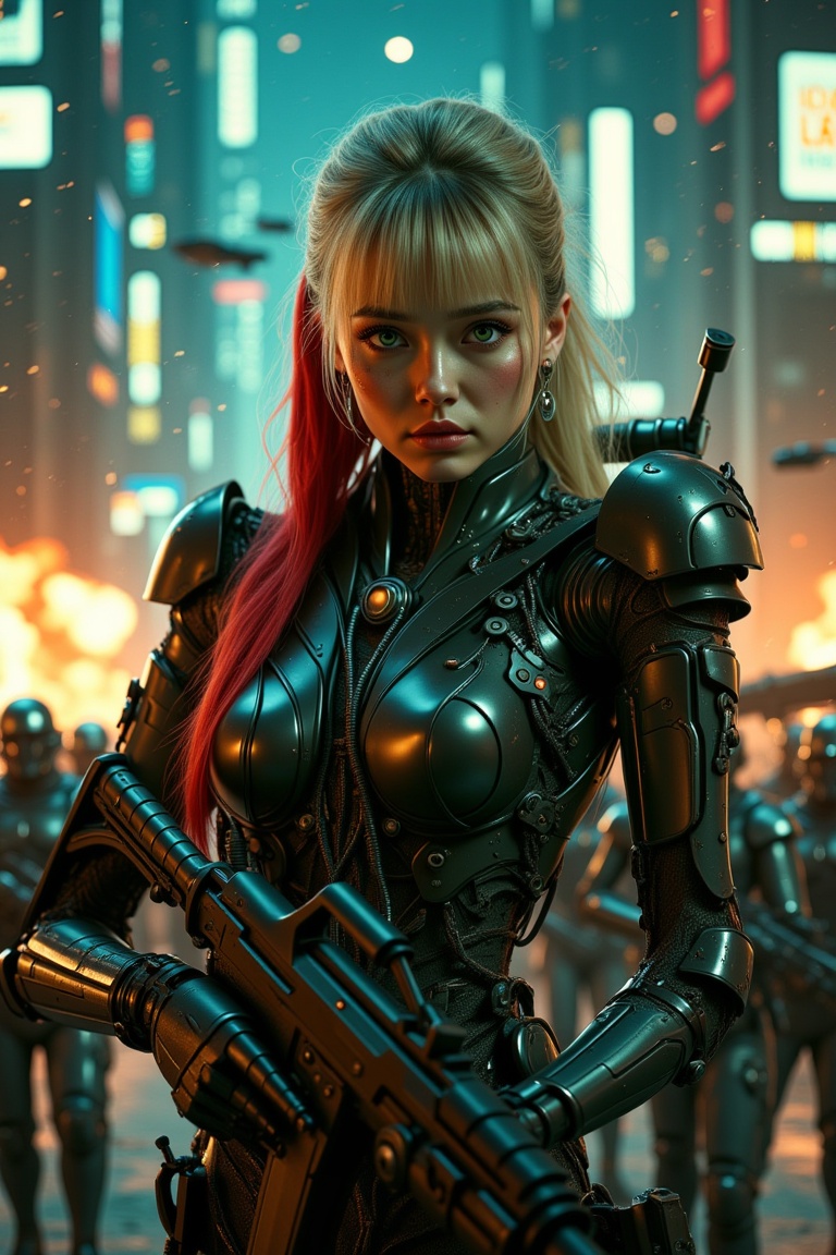 High-contrast,  8K photorealistic image: a Japanese sci-fi warrior,  'CyberGirl' on Tensor.Art