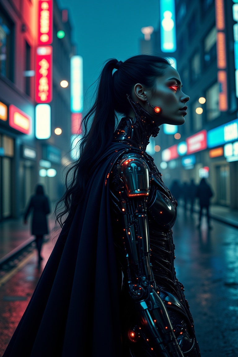 A dark angel cyborg emerges from a cityscape's neon-lit haze,  her metallic limbs glistening in the dim light. A flowing b...