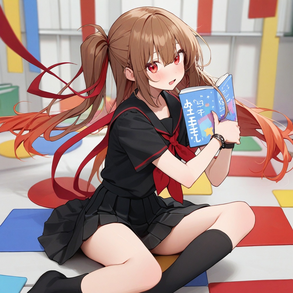 An animated image of an anime girl with long brown hair and red eyes. She is wearing a black skirt with a black shirt and...