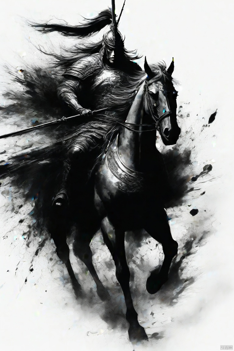 泼墨风格,武将吕布,手拿方天画戟,骑着大马