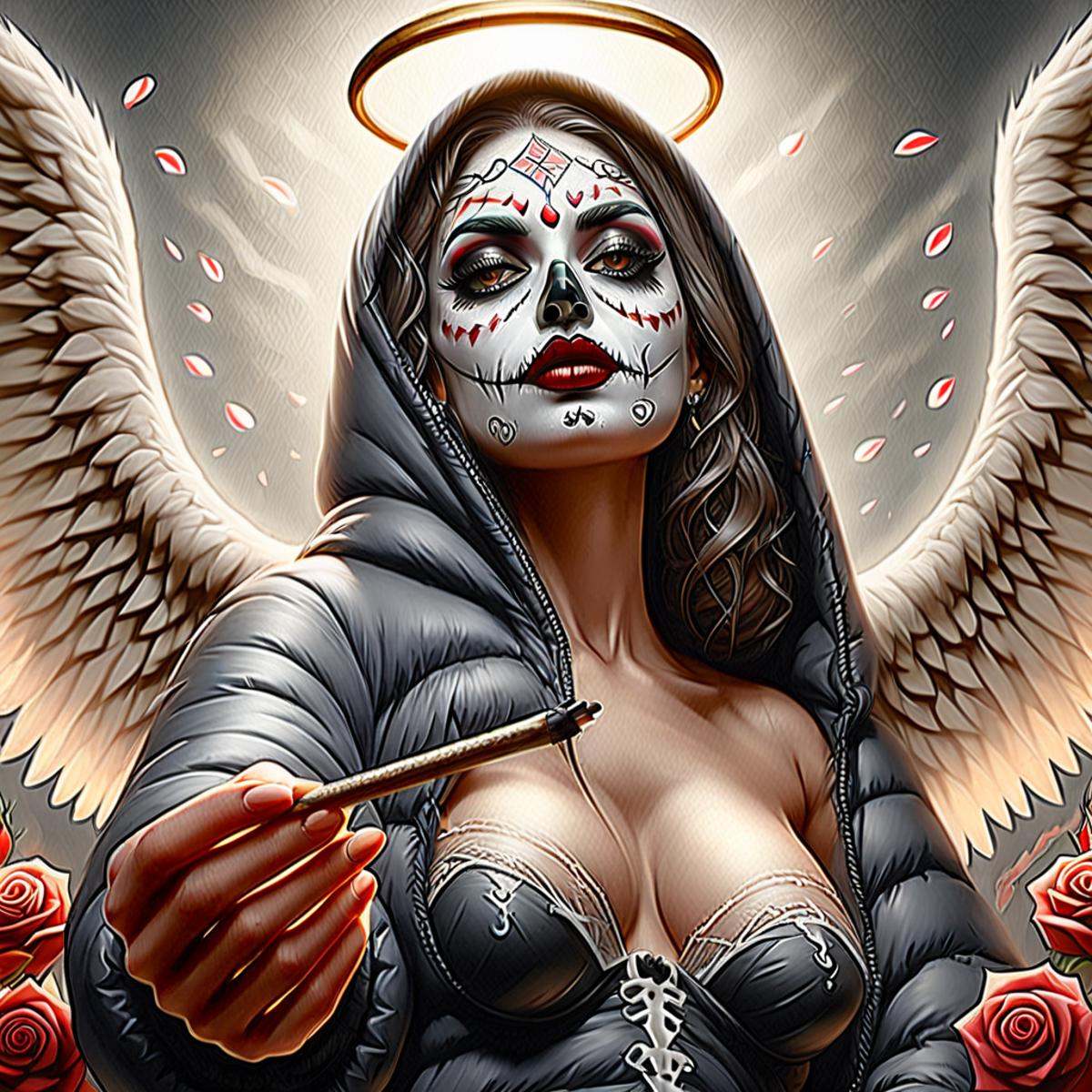 a dark witch goddess,  black candle wax with beautiful red and white roses all over her face painted for Los Dias De Los M...