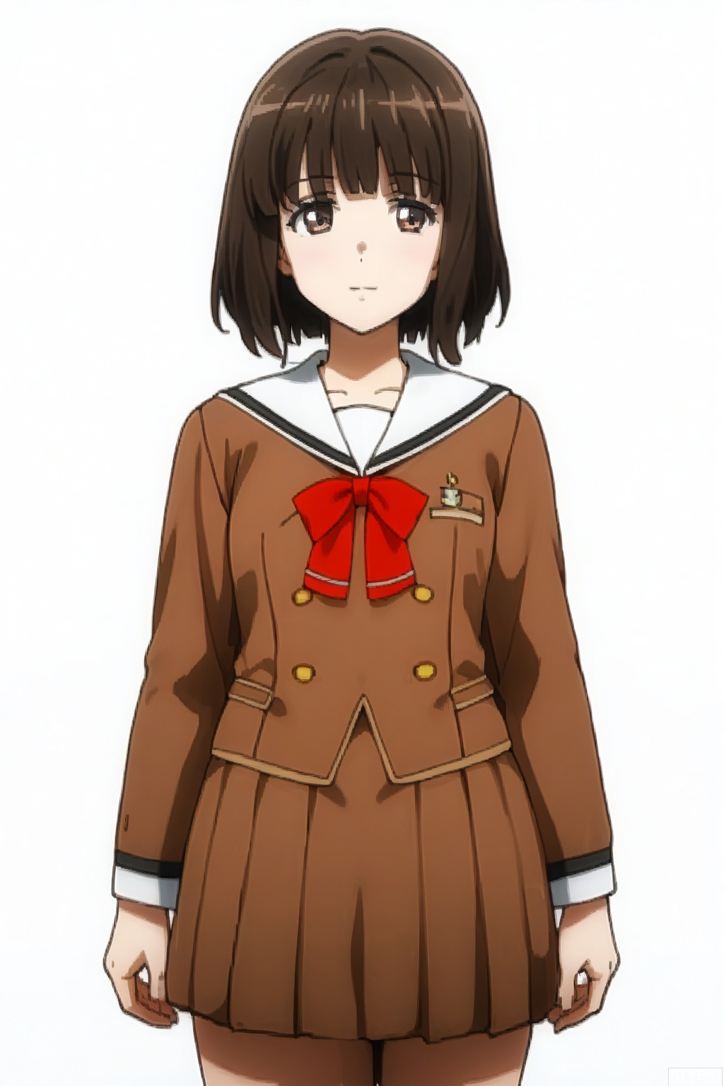 masterpiece, best quality,solo,((white background:1.2)),simple background,
looking at viewer, sailor dress, double-breasted, brown dress, hanasakigawa school uniform,, short hair, bangs, brown hair, brown eyes,Taiko Satomi