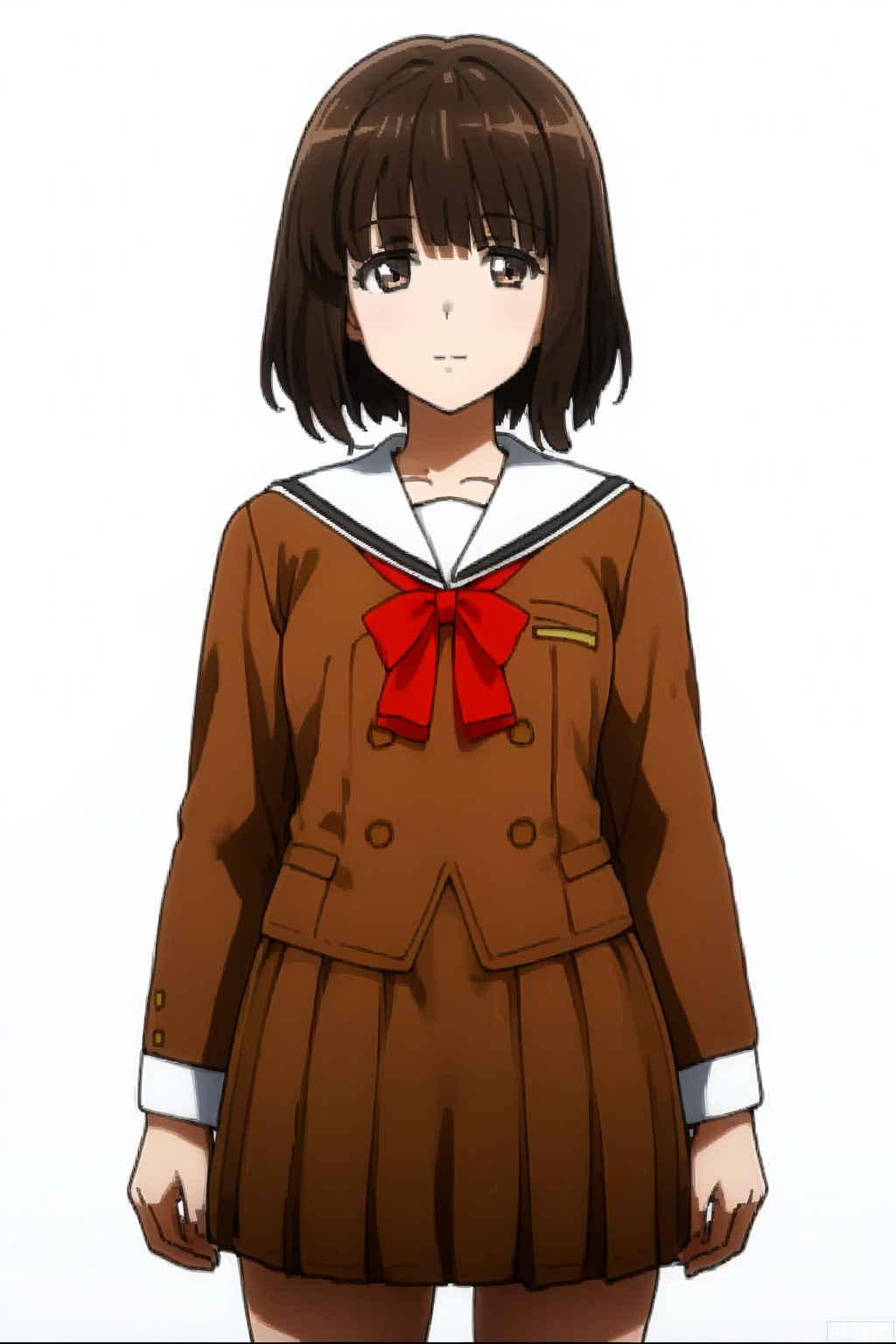 masterpiece, best quality,solo,((white background:1.2)),simple background,
looking at viewer, sailor dress, double-breasted, brown dress, hanasakigawa school uniform,, short hair, bangs, brown hair, brown eyes,Taiko Satomi