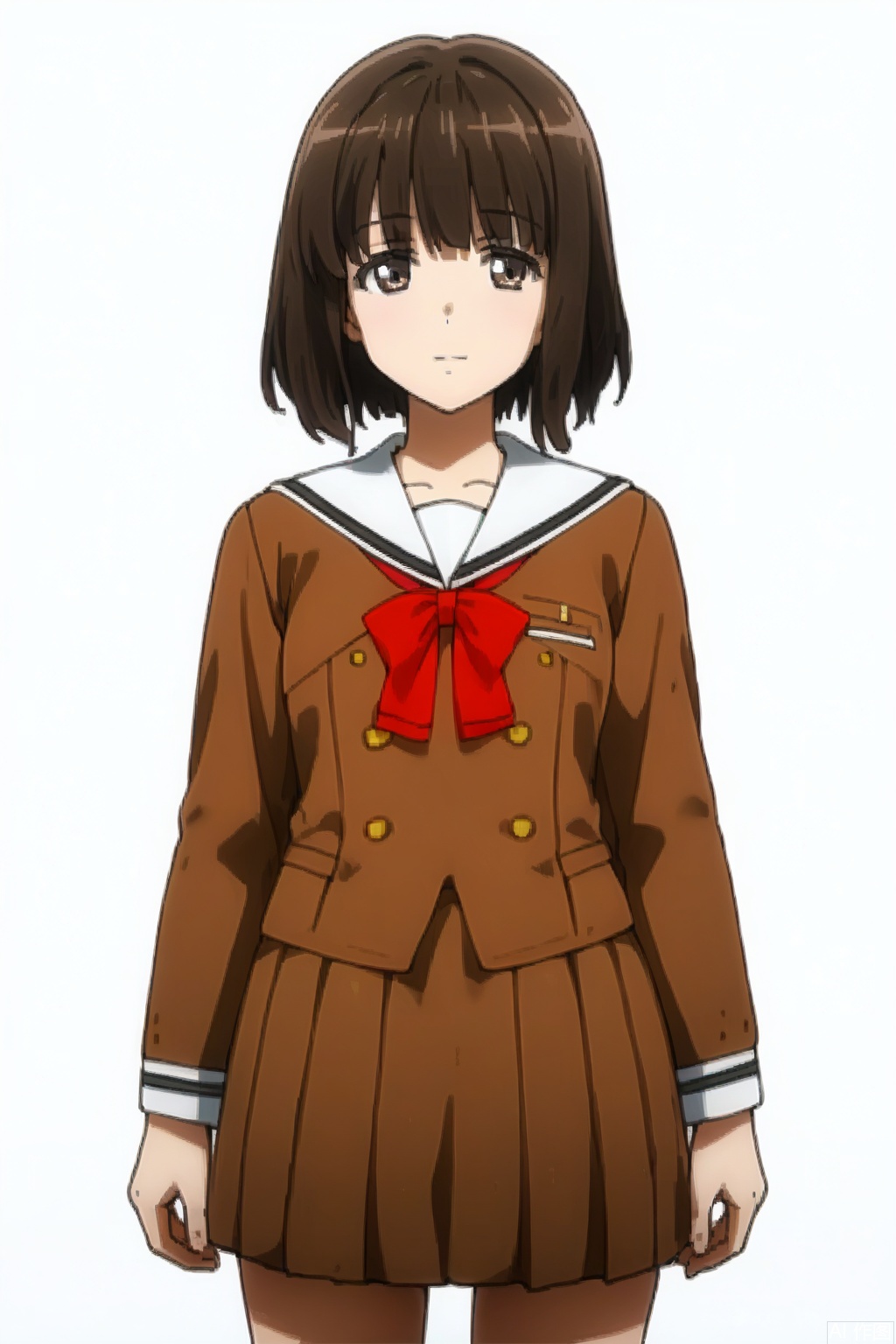 masterpiece, best quality,solo,((white background:1.2)),simple background,
looking at viewer, sailor dress, double-breasted, brown dress, hanasakigawa school uniform,, short hair, bangs, brown hair, brown eyes,Taiko Satomi