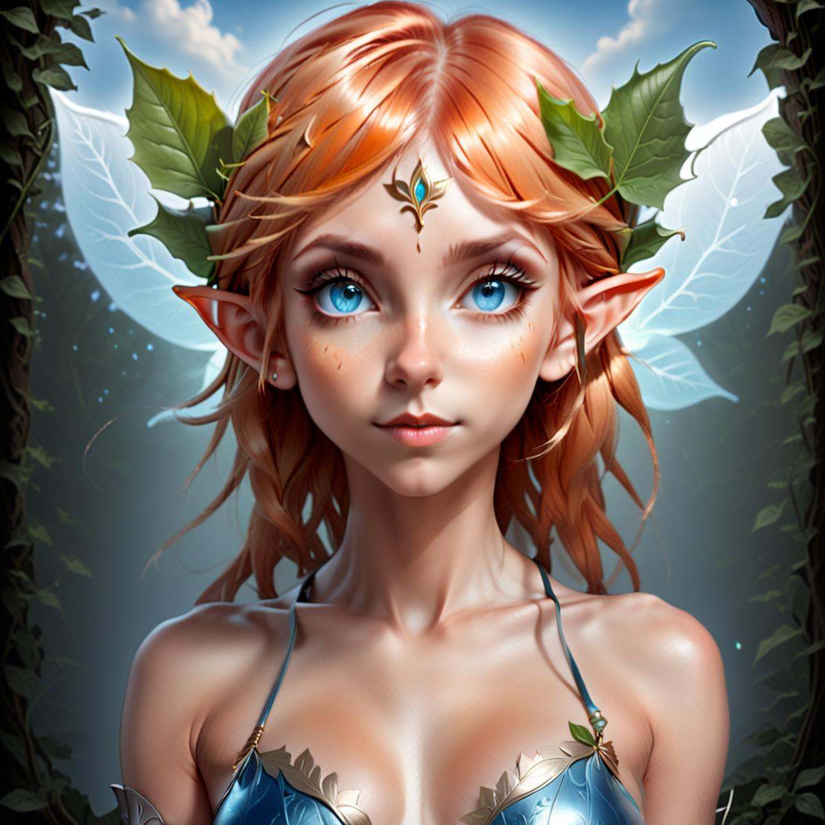 leaf,  blue eyes,  cleavage on Tensor.Art