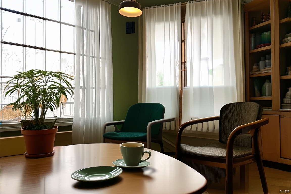 indoors, cup, no humans, window, chair, table, plant, scenery, plate, potted plant, coffee, ceiling light,bright_pupils,curtain