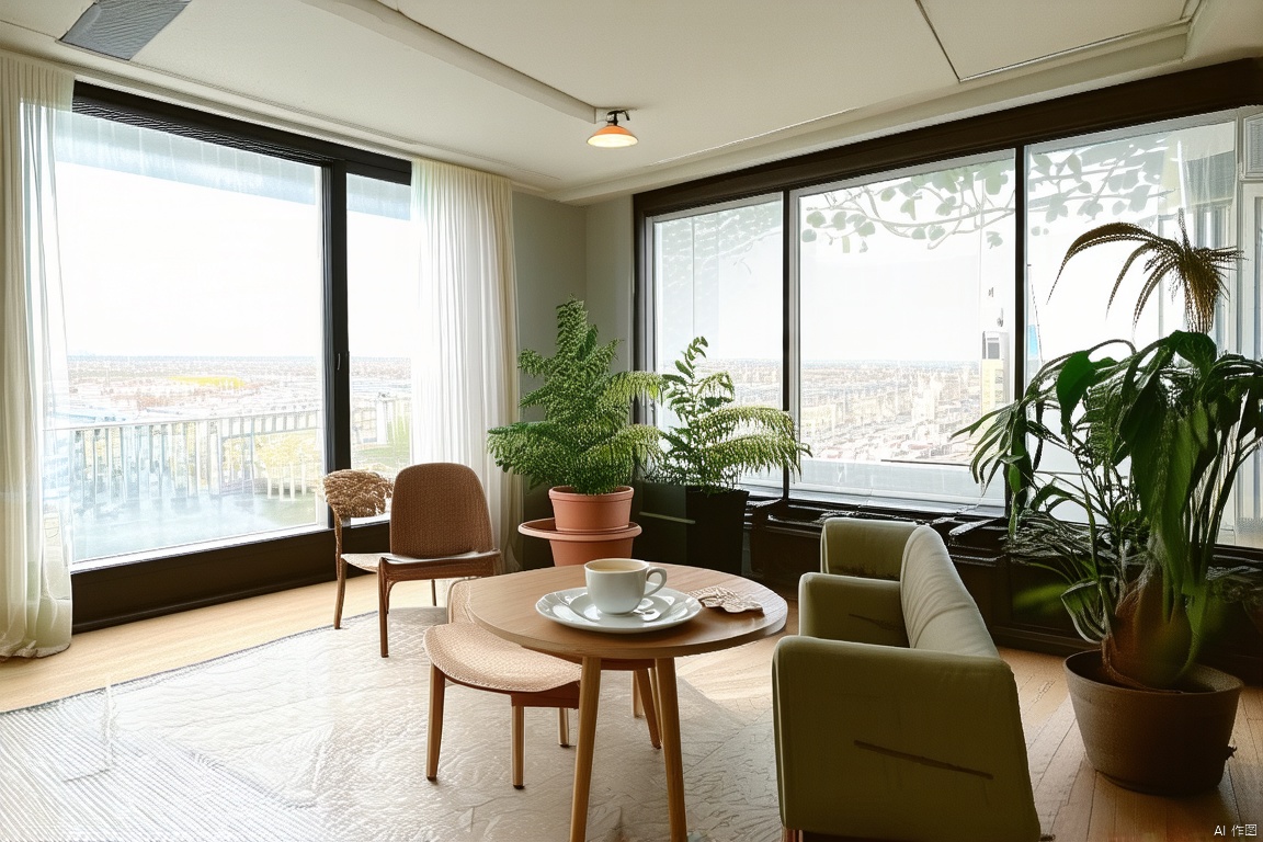 indoors, cup, no humans, window, chair, table, plant, scenery, plate, potted plant, coffee, ceiling light,bright_pupils,curtain