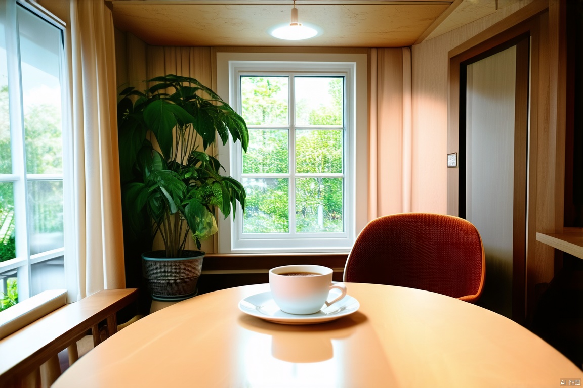 indoors, cup, no humans, window, chair, table, plant, scenery, plate, potted plant, coffee, ceiling light,bright_pupils,curtain