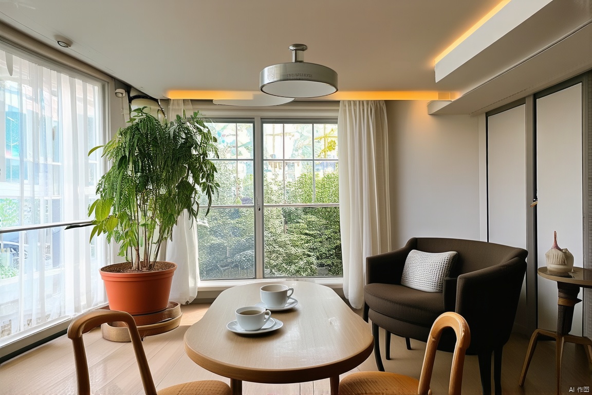 indoors, cup, no humans, window, chair, table, plant, scenery, plate, potted plant, coffee, ceiling light,bright_pupils,curtain