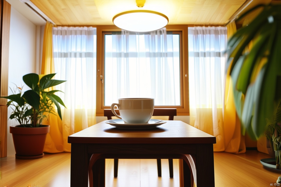 indoors, cup, no humans, window, chair, table, plant, scenery, plate, potted plant, coffee, ceiling light,bright_pupils,curtain