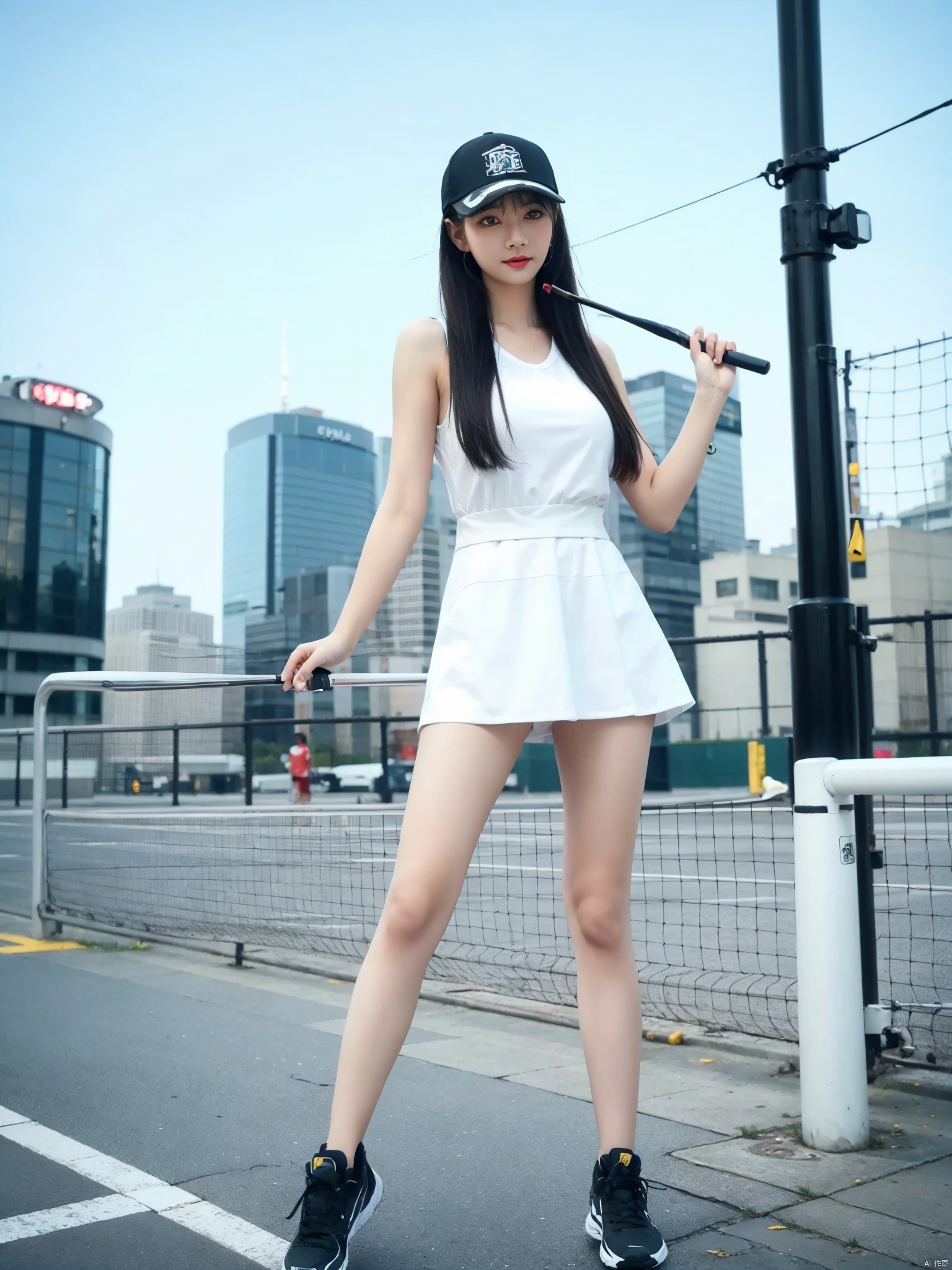 1girl, ball, baseball cap, black hair, building, chain-link fence, city, day, fence, full body, hat, holding, long hair, looking at viewer, outdoors, photo background, racket, realistic, shoes, skirt, skyscraper, sleeveless, sneakers, solo, sportswear, tennis, tennis ball, tennis racket, tennis uniform, white footwear