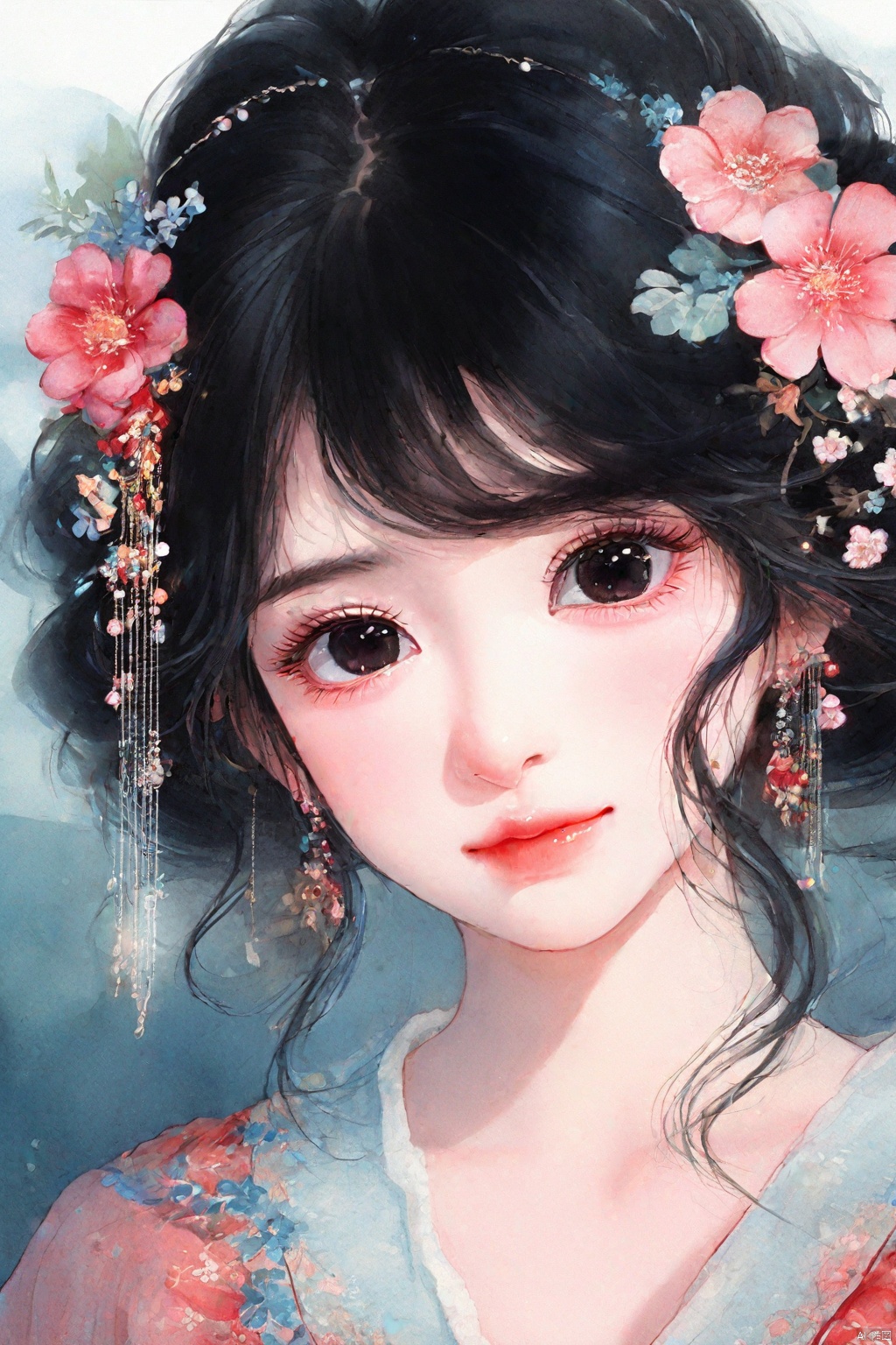 close-up shot, gazing directly at the viewer with a subtle smile. The black hair cascades down her back like a waterfall, adorned with flowers and adornments
