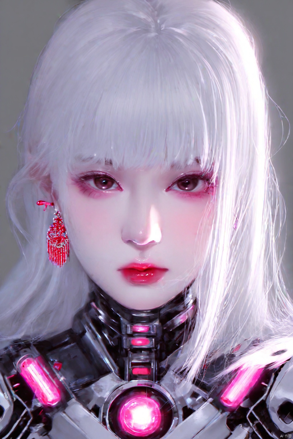 The painting on the beautiful woman's face ,beautiful eyes, long eyelashes,red lips,banlanz,jewelry,cyborg,white hair,1girl,looking at viewer,,glowing pink special effects,gradient blue and pink Lights,split theme,portrait,mechanical parts,cyberpunk,solo,simple background,makeup,chinese clothes,grey eyes,tassel,grey background,tassel earrings,black eyes,hair slicked back