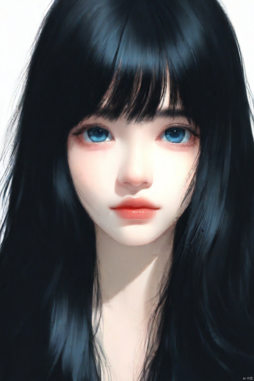 一个有着长长的黑发和蓝眼睛的女人的动画肖像