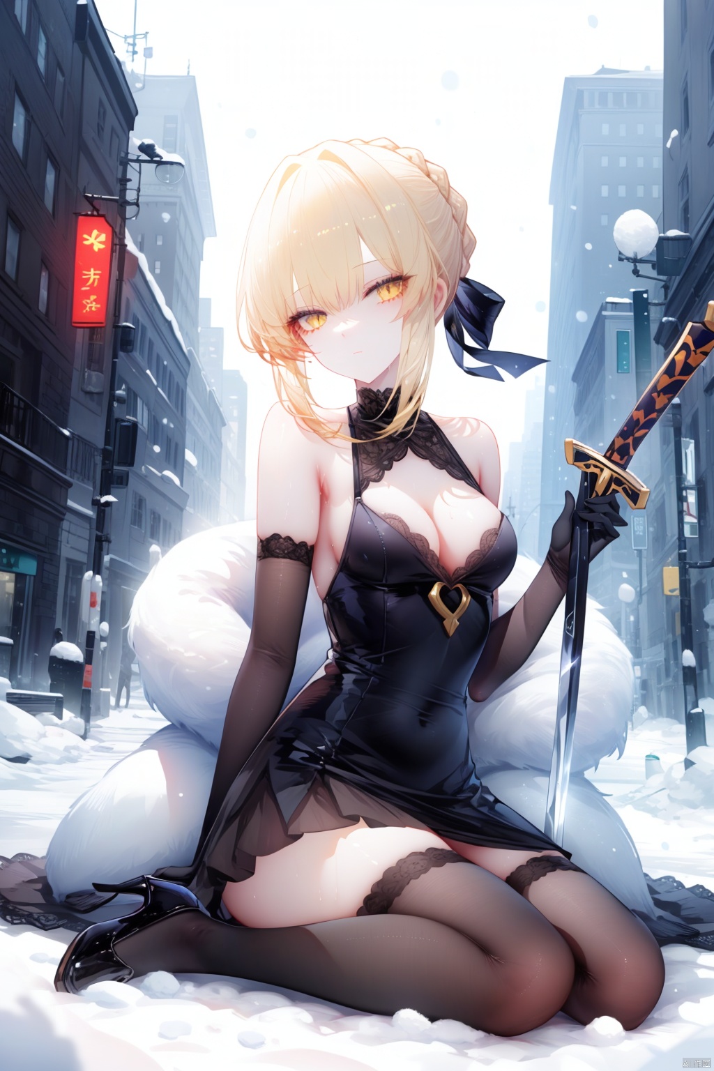 1girl, solo, artoria pendragon \(fate\), gloves, thighhighs, saber alter, yellow eyes, breasts, blonde hair, elbow gloves, weapon, sword, sitting, snow, excalibur morgan \(fate\), high heels, dress, small breasts, looking at viewer, black thighhighs, cleavage, snowing, black gloves, braid, ribbon, bare shoulders, black dress, hair ribbon, yokozuwari, lolita fashion, pale skin, short hair, sleeveless