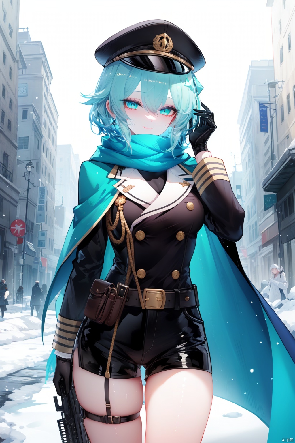 1girl, sinon, gun, solo, weapon, white scarf, hat, holding weapon, looking at viewer, holding gun, hair ornament, bangs, gloves, smile, long sleeves, hair between eyes, white gloves, scarf, military, black shorts, holding, anti-materiel rifle, black headwear, belt, hairclip, breasts, rifle, snowing, black jacket, short hair, aqua hair, black cape, jacket, cowboy shot, hand up, military uniform, slit pupils, light particles, shorts, white belt, aqua eyes, thigh strap, arm up, sidelocks, closed mouth, blush, sniper rifle, medium breasts, cape, double-breasted, buttons, energy, magic, outdoors, glowing, standing, short shorts, uniform, thighs