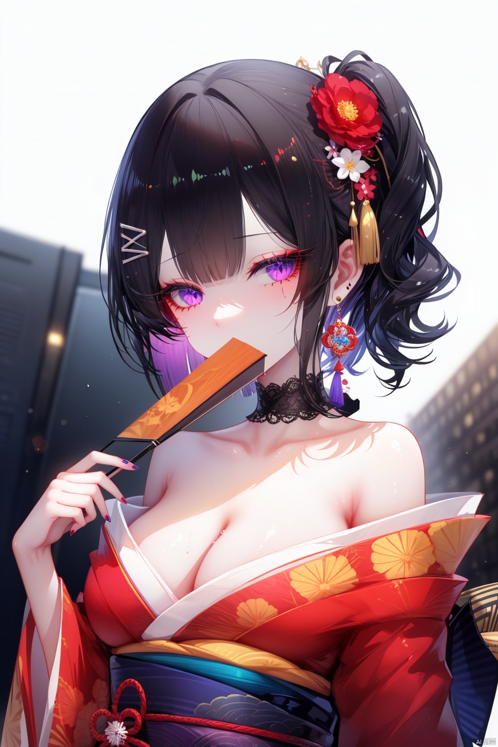hair ornament, 1girl, solo, hairclip, purple eyes, flower, bangs, black hair, hand fan, hair flower, holding, japanese clothes, kimono, red flower, holding fan, upper body, breasts, red kimono, black background, cleavage, hairpin, looking at viewer, blunt bangs, jewelry, earrings, nail polish, hand up, folding fan, collarbone, red nails, off shoulder, covered mouth, covering mouth, medium breasts, fingernails, short hair, simple background, makeup, pink nails
