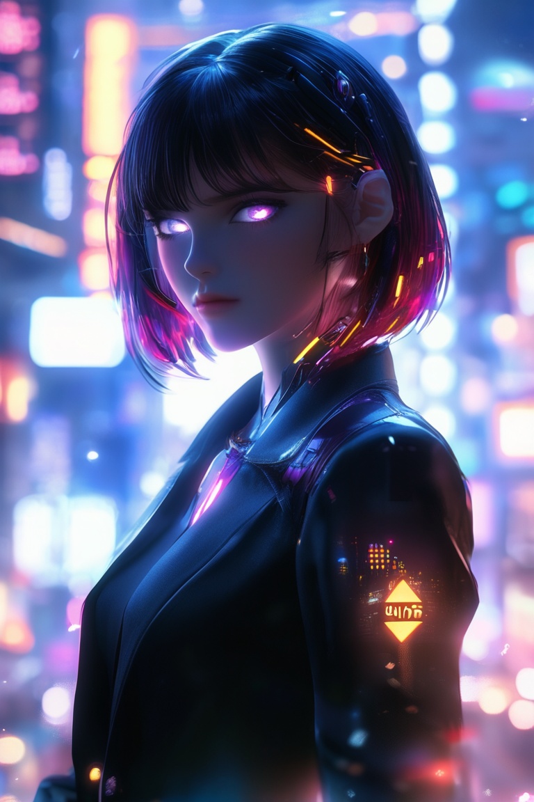 A lone figure emerges from the neon-drenched streets of Night City. A girl with a bold bob cut and cybernetic enhancements wears a sleek black blazer over her combat-ready attire. Under the dim glow of holographic billboards, she stands tall, her eyes gleaming with determination as she surveys the darkened cityscape.,