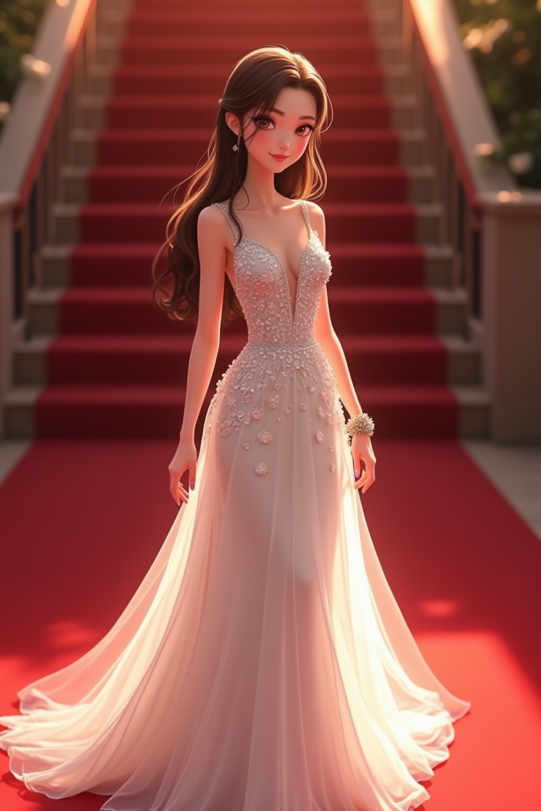 Beautiful woman wearing white sparkle dress,  walking in red carpet. Anime detailer on Tensor.Art