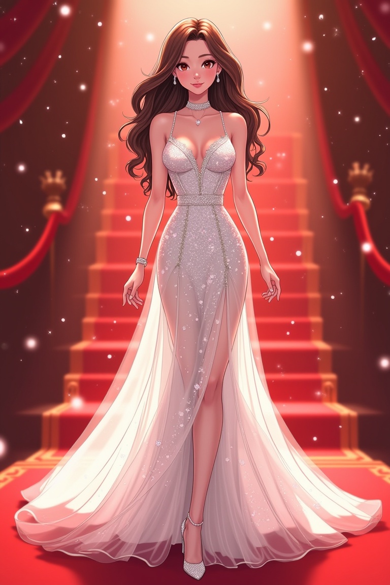 Beautiful woman wearing white sparkle dress,  walking in red carpet. Anime style,  manga on Tensor.Art