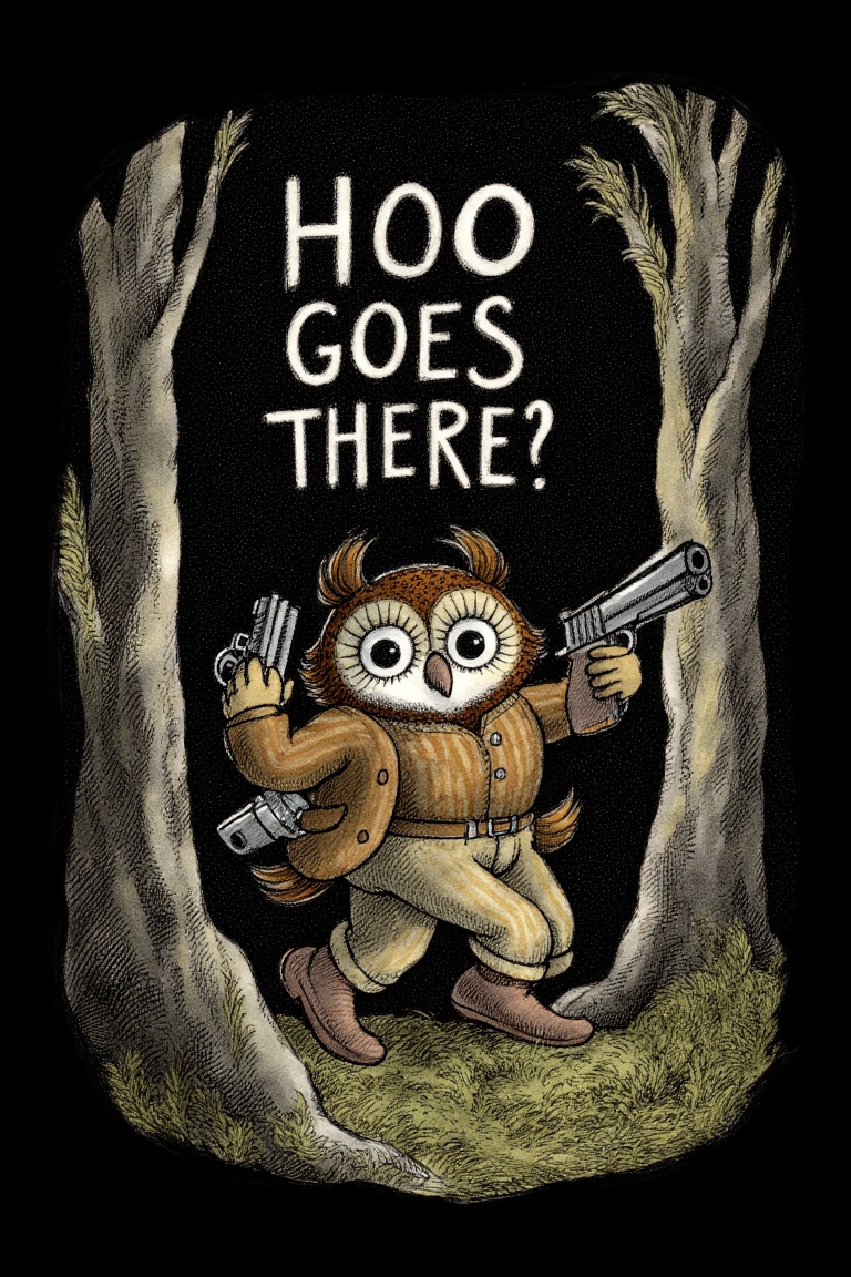 An owl with a handgun and the text "HOO GOES THERE?" in a dark woods by Invisidude on Tensor.Art