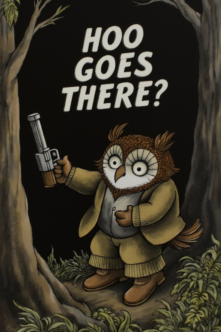 An owl with a handgun and the text "HOO GOES THERE?" in a dark woods by Invisidude on Tensor.Art