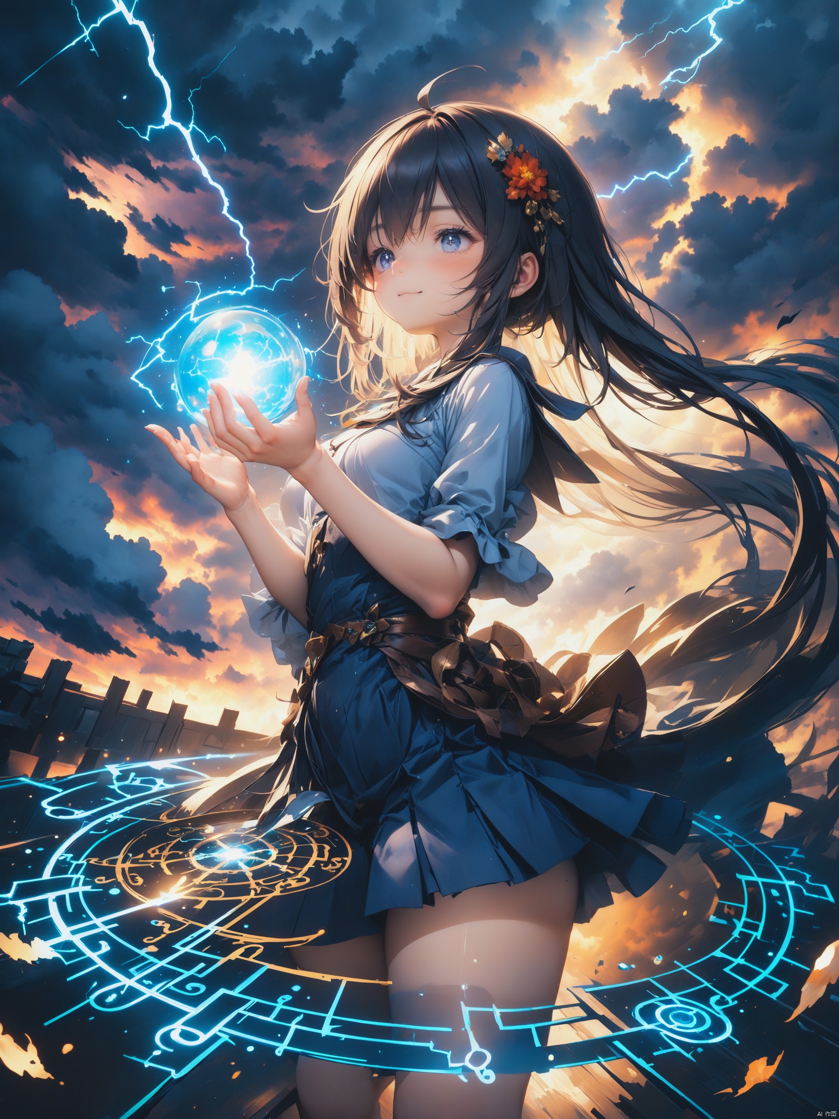 近景,牛仔镜头,女孩手捧着光球,吟诵魔法,周围出现了复杂的魔法阵,天空闪电乌云密布,狂风吹散了长发