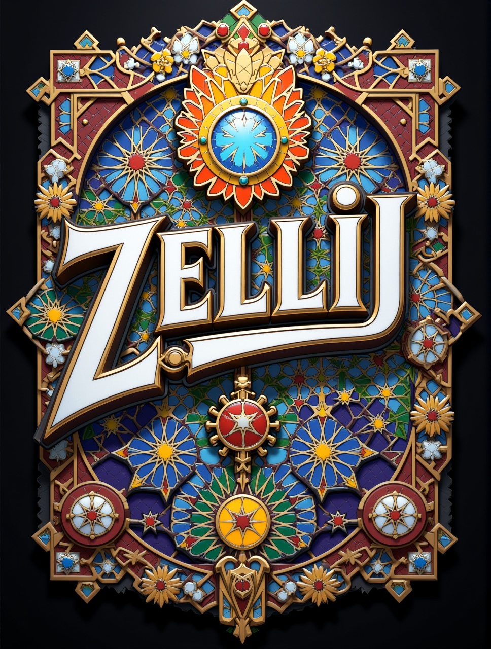 "ZELLIJ " main TEXT LOGO,  scond Text "FLUX",  3d text on Tensor.Art