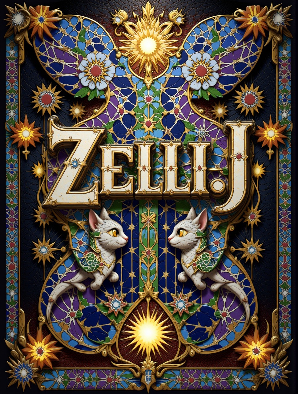 "ZELLIJ " main TEXT LOGO,  scond Text "FLUX",  3d text on Tensor.Art