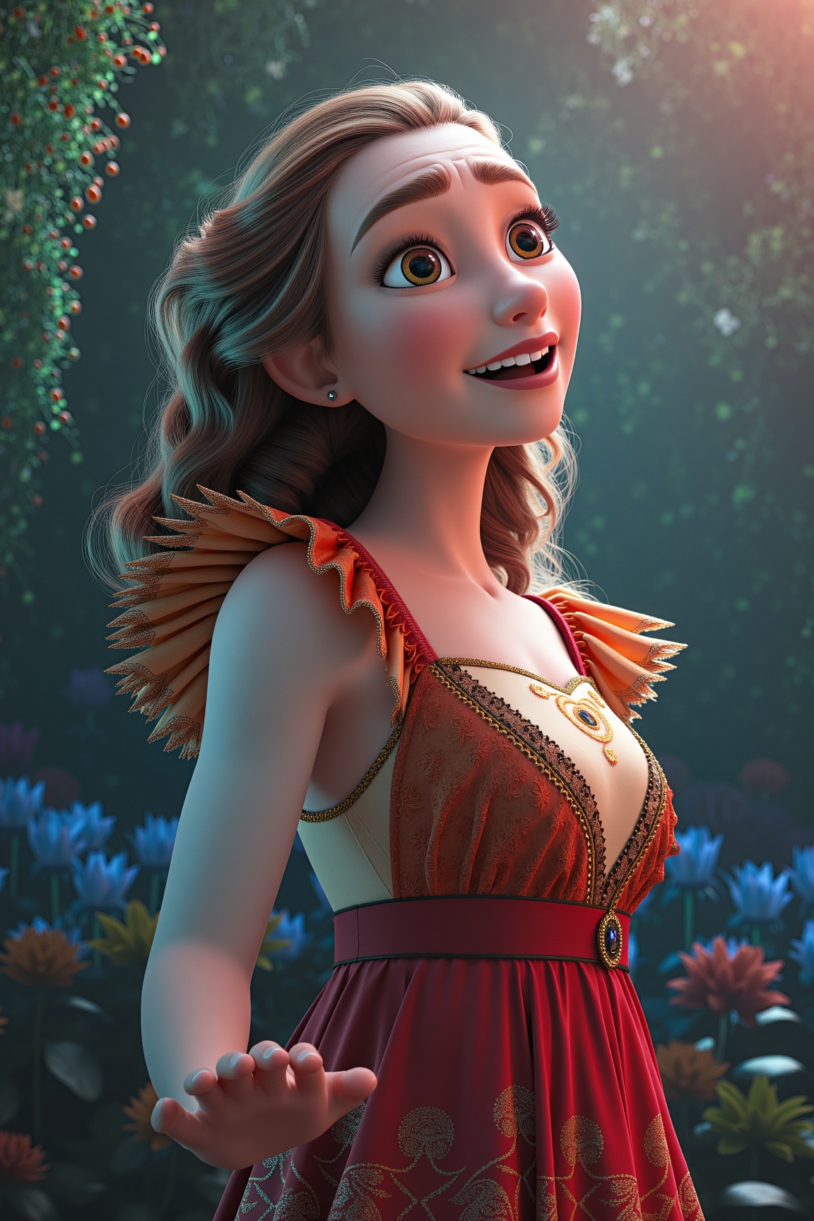 (masterpiece, best quality, ultra-detailed, 8K),highres, high detail, realisitc detailed,highres,sharp focus, a beautiful promissing singer in bliss, earnestly singing, eye contact, gorgeous dress, thick fog hanging, fractal art, blinking background,disney style